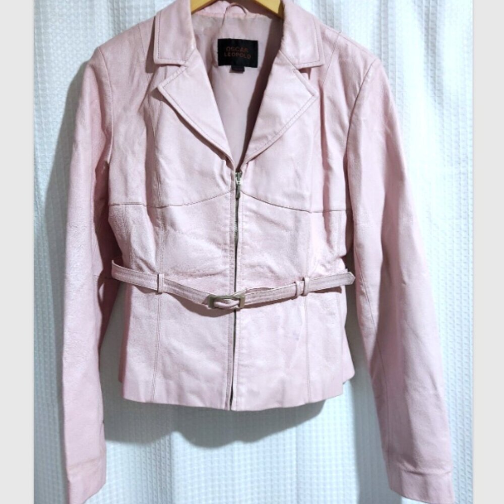 Oscar Leopold Pink Leather Jacket XXL Fits Like Large Belted Lined Short Moto